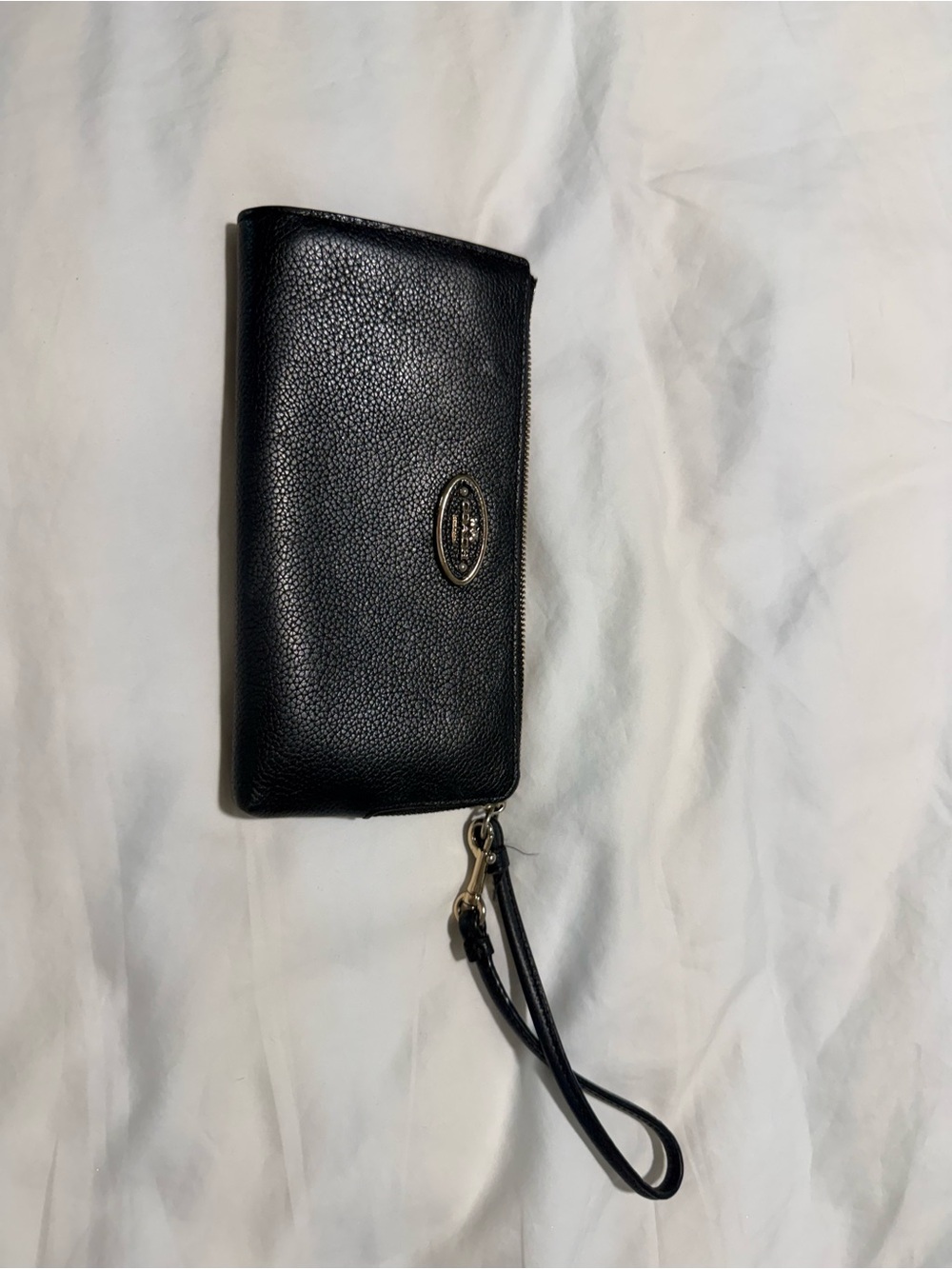 Black Pebbled Leather Wristlet with Gold Accent